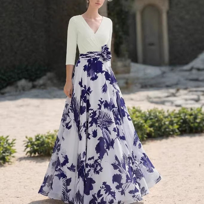Damen Florales Maxikleid mit Wickeloberteil, dreiviertel-Ärmeln und ausgestelltem Rock – Orélia