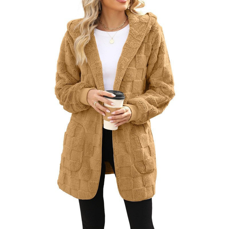 Damen nan kuschelige Kapuzen-Longjacke aus Teddyfleece mit aufgesetzten Taschen und strukturierter Karooptik Echo Archiv