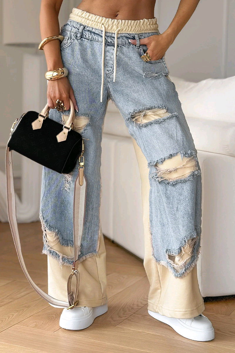 Damen nan zweilagige Jeans mit aufgesetzten Jeanspaneelen elastischem Tunnelzugbund weitem Bein und vintageähnlichen Rissen Echo Archiv