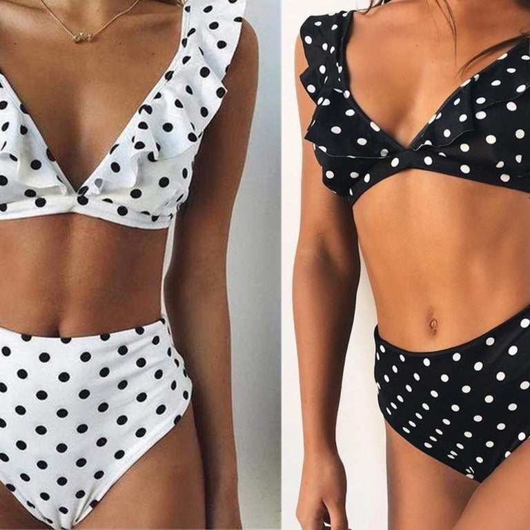 Damen Hoch tailliertes Bikini-Set mit verspielten Rüschen und Pünktchen Echo Archiv