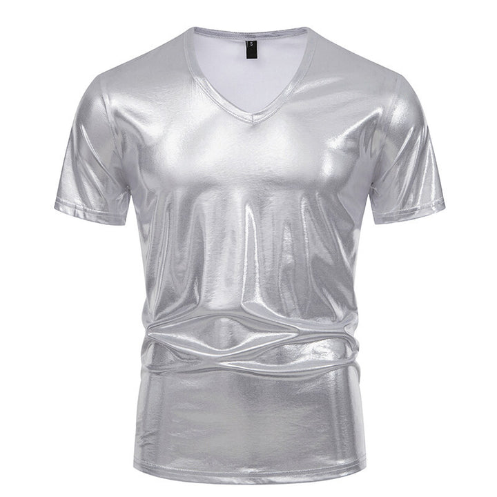 Herren V-Ausschnitt T-Shirt aus glänzendem Material mit persönlichem Stil Echoarchiv