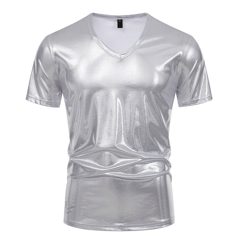 Herren V-Ausschnitt T-Shirt aus glänzendem Material mit persönlichem Stil Echoarchiv