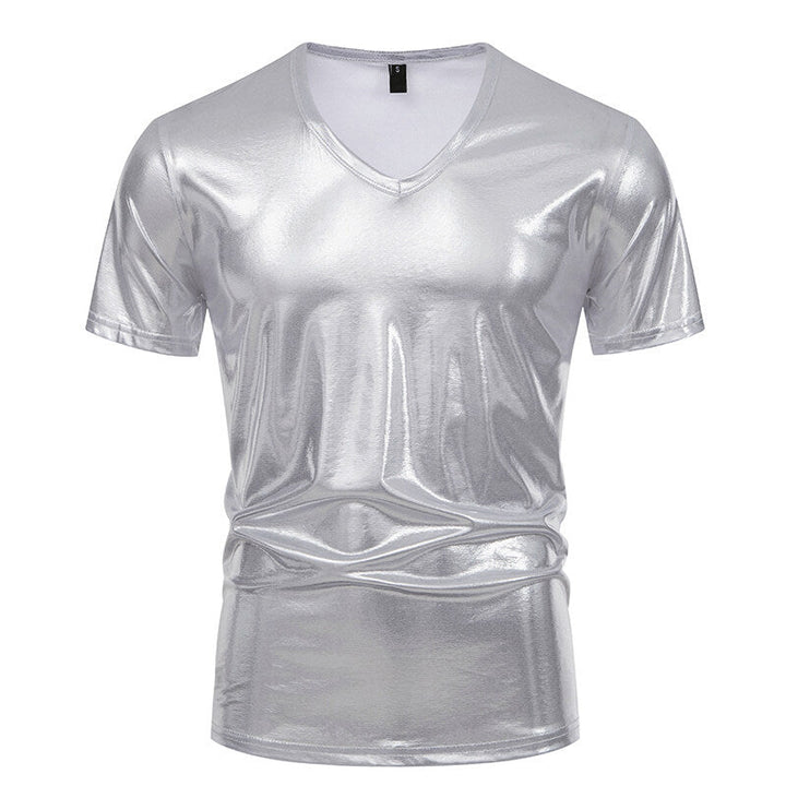 Herren V-Ausschnitt T-Shirt aus glänzendem Material mit persönlichem Stil Echoarchiv