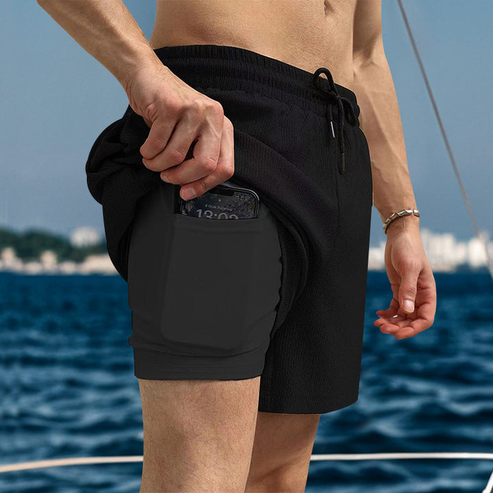 Herren nan zweilagige Badeshorts mit integrierter Kompressions-Innenhose und versteckter Handytasche Echo Archiv