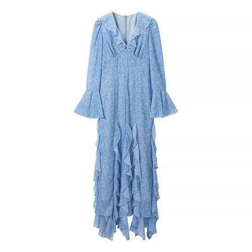 Damen Romantisches Stufen-Rüschen-Maxikleid mit V-Ausschnitt und Glockenärmeln Echo Archiv