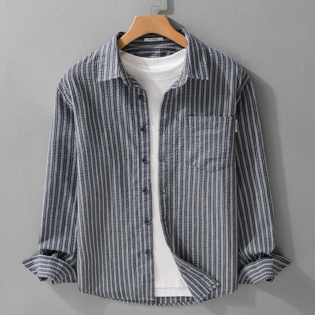 Herren Gestreiftes Relaxed-Overshirt aus strukturiertem Baumwollmix mit Brusttasche Echoarchiv