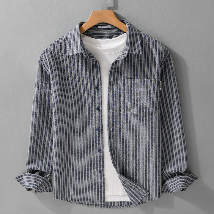 Herren Gestreiftes Relaxed-Overshirt aus strukturiertem Baumwollmix mit Brusttasche Echoarchiv