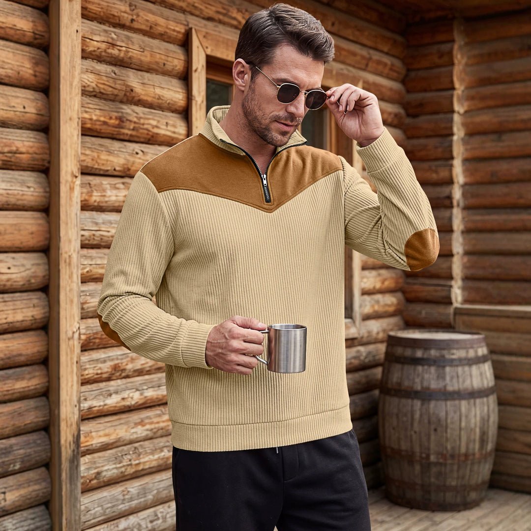 Herren Strickpullover mit Troyerkragen, Rippenstruktur und Ellbogen-Patches – Norvane
