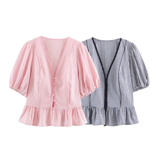 Damen Karierte V‑Neck‑Bluse mit Puffärmeln und Volantsaum Echo Archiv