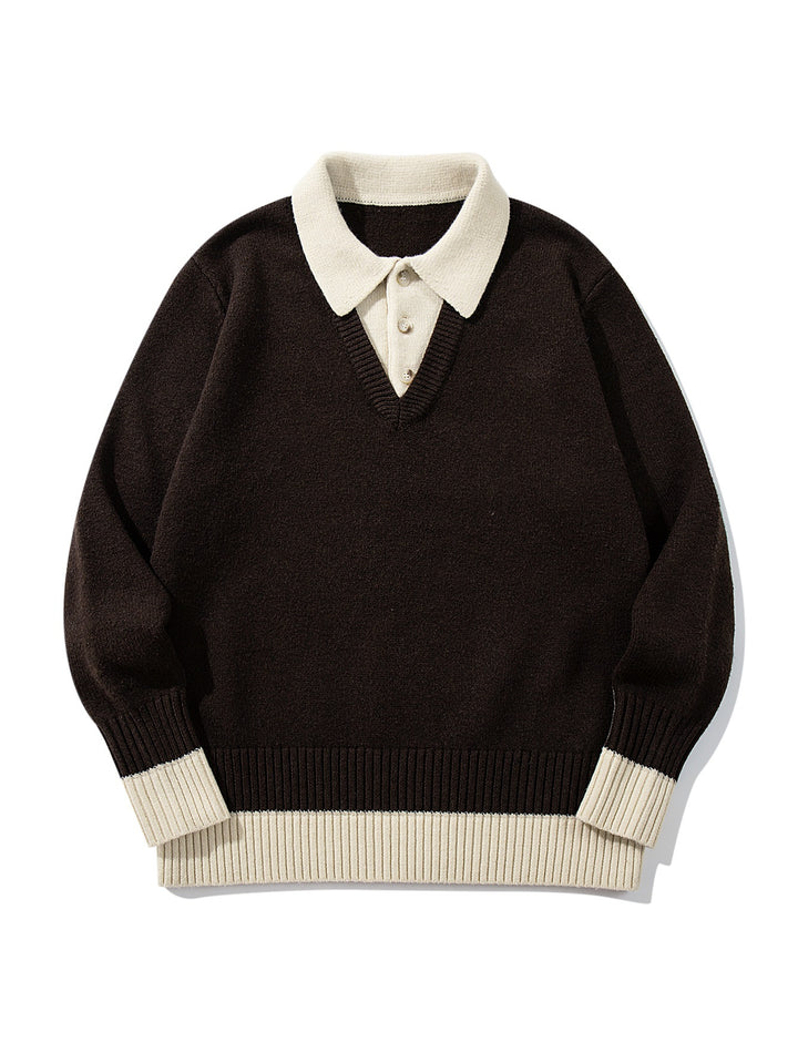 Herren Polokragen-Strickpullover mit Knopfleiste und kontrastierten Bündchen Echoarchiv