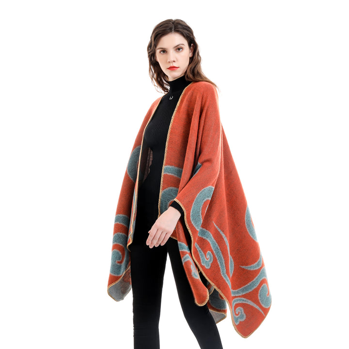 Damen Wollmix-Capeponcho im Ruana-Schnitt mit ornamentaler Intarsienstruktur – Montévia