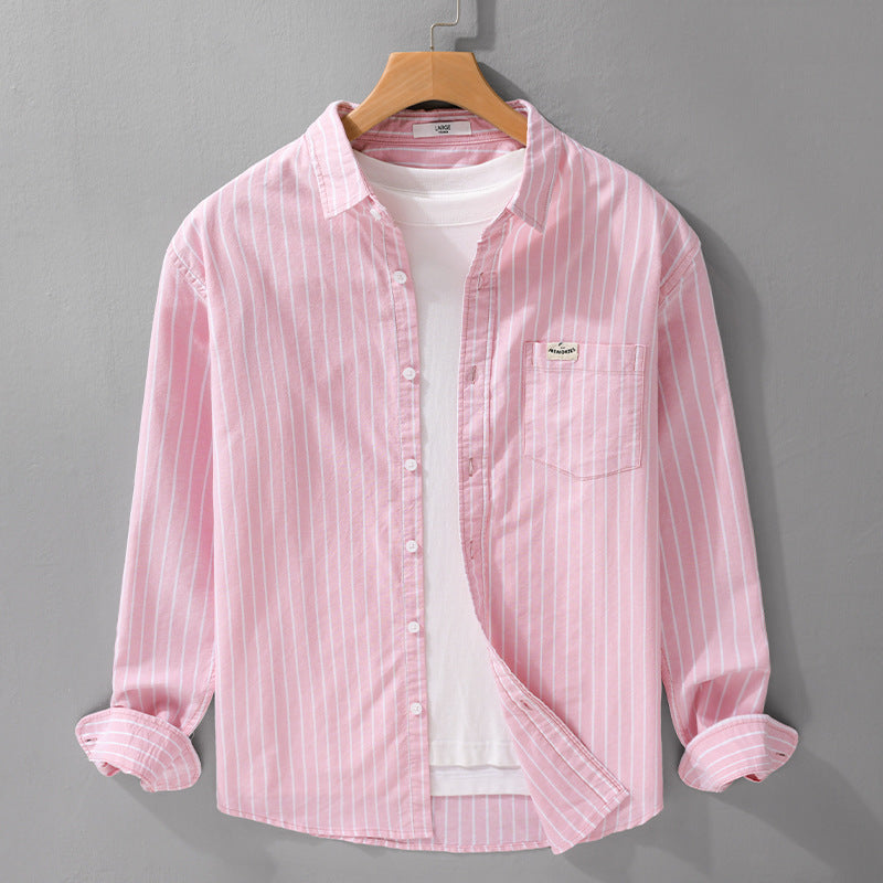 Herren Gestreiftes Layering-Overshirt aus softem Baumwollmix mit Kentkragen und aufgesetzter Brusttasche Echoarchiv