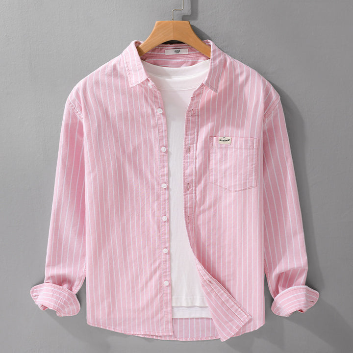 Herren Gestreiftes Layering-Overshirt aus softem Baumwollmix mit Kentkragen und aufgesetzter Brusttasche Echoarchiv