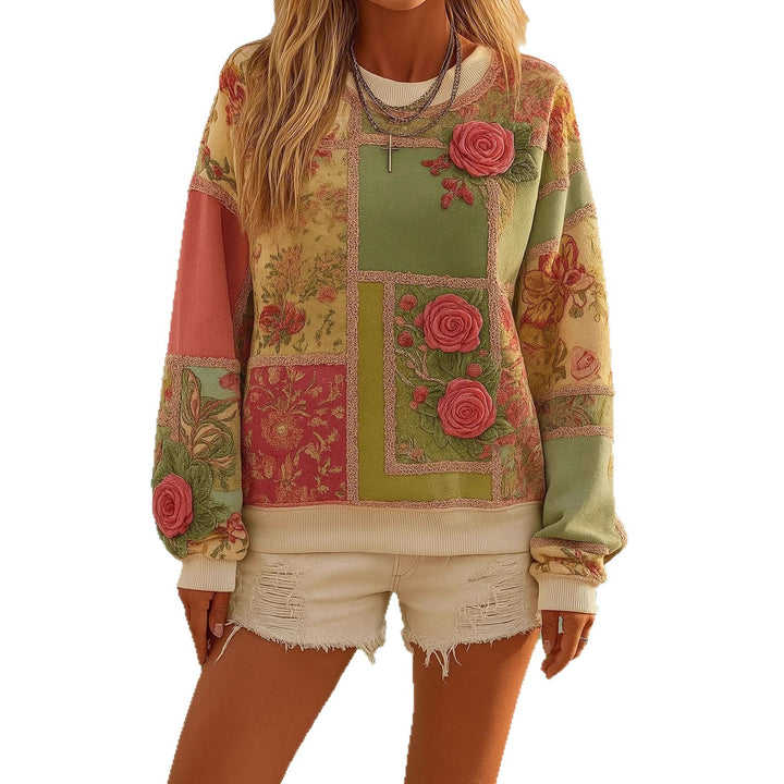 Damen Gemustertes Oversize-Sweatshirt mit dreidimensionalen Rosenapplikationen und Rippbündchen – Avérine