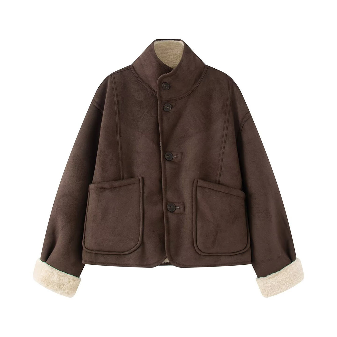 Damen Kurze Schaffelloptik-Jacke mit Stehkragen und großen aufgesetzten Taschen Echoarchiv