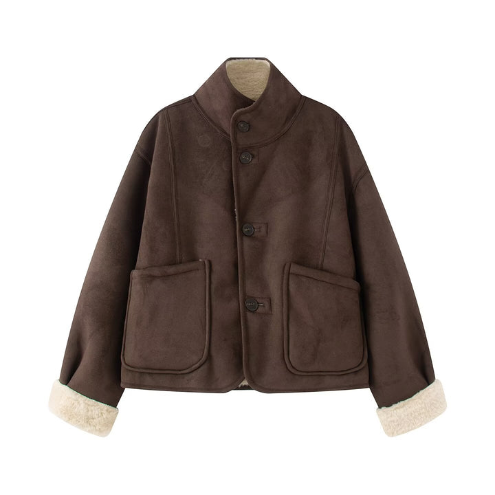 Damen Kurze Schaffelloptik-Jacke mit Stehkragen und großen aufgesetzten Taschen Echoarchiv