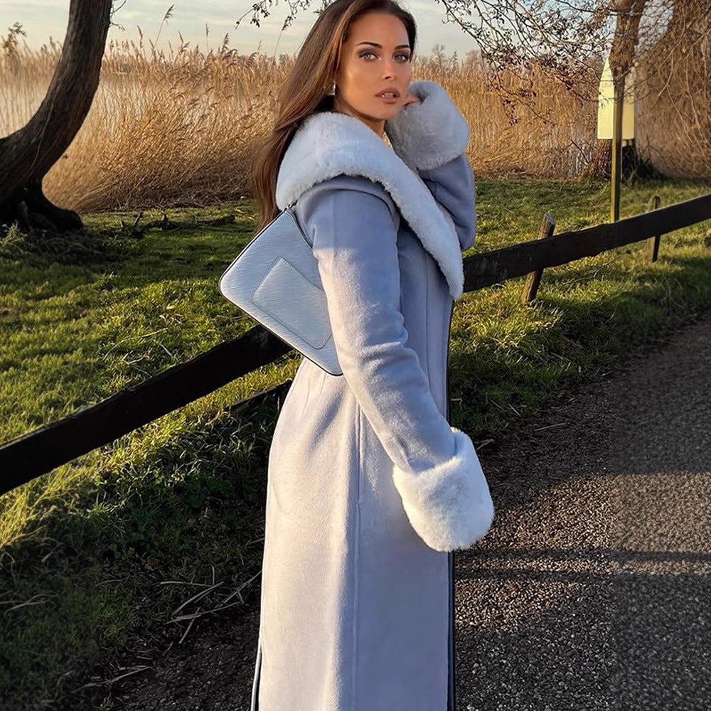 Damen Eleganter lang geschnittener Mantel aus Velours‑Optik mit voluminösem Kunstfell‑Schalkragen Echoarchiv