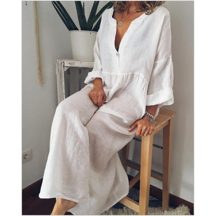 Damen Langes Leinen-Maxikleid mit V-Ausschnitt, geraffter Taille und 3/4-Ärmeln – Valéora