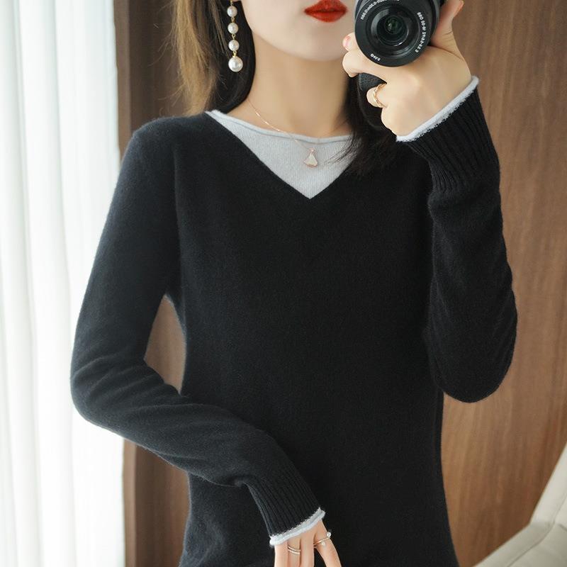 Damen Weicher V‑Ausschnitt-Pullover aus Kaschmir‑Look mit kontrastierter Kantenverzierung Echoarchiv