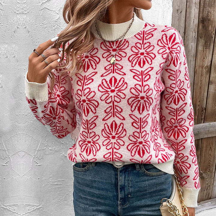 Damen GEchoarchivlümter Jacquard-Strickpullover mit Rundhalsausschnitt und gerippten Bündchen Echoarchiv