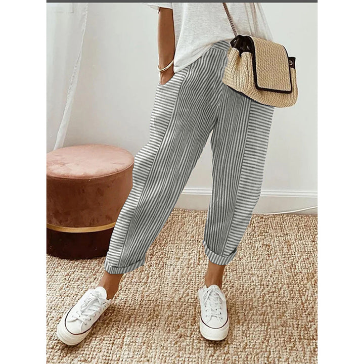 Damen Freizeit Leinenlook Hose mit Streifen, elastischem Bund und Saumabschluss – Avélisse