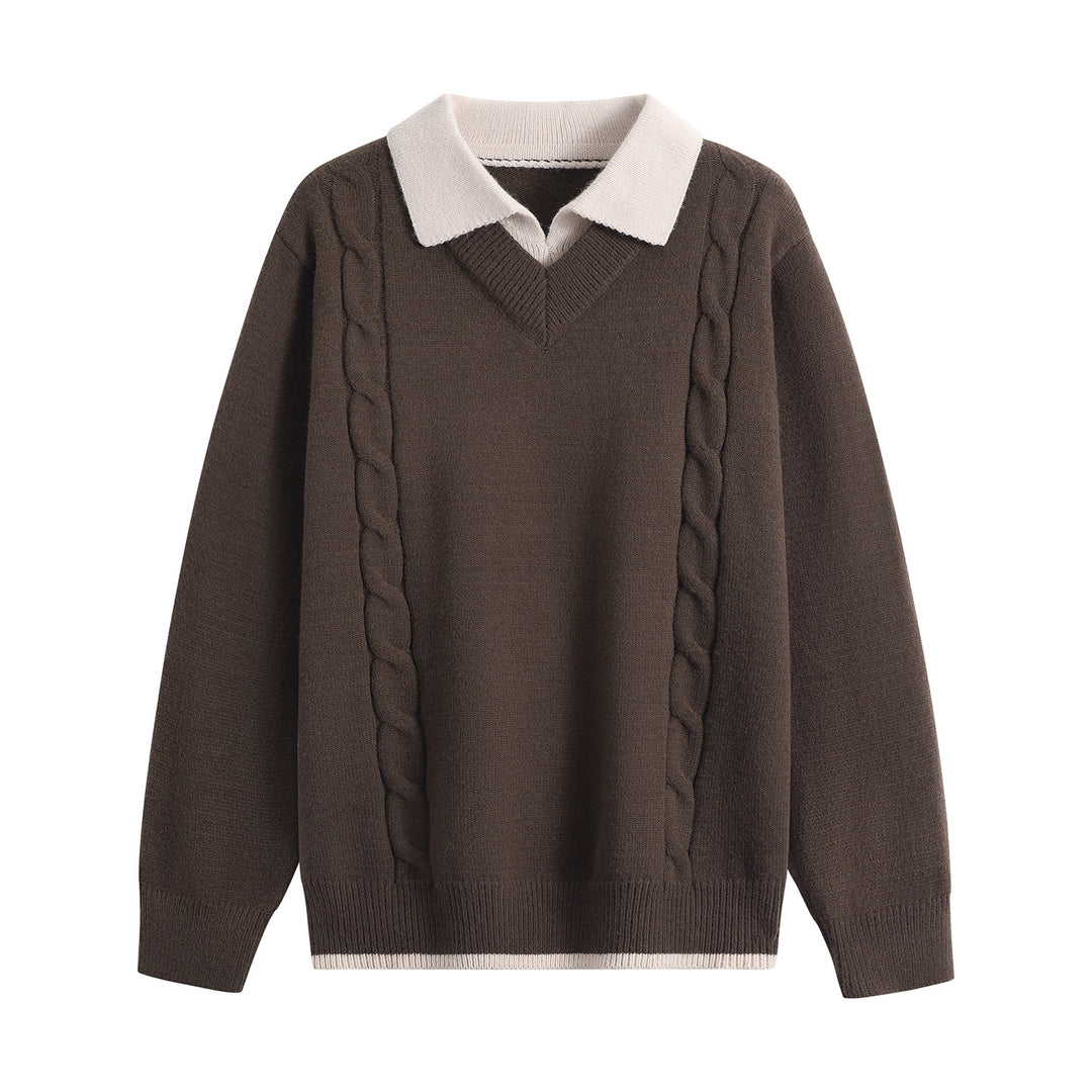 Damen Oversize-Pullover mit V-Ausschnitt, kontrastierendem Polokragen & Zopfstrick-Details Echoarchiv