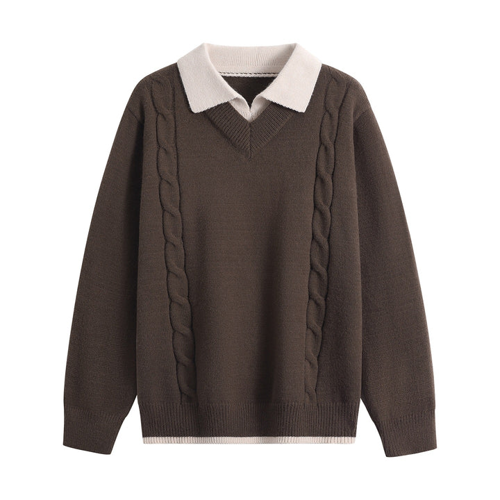 Damen Oversize-Pullover mit V-Ausschnitt, kontrastierendem Polokragen & Zopfstrick-Details Echoarchiv