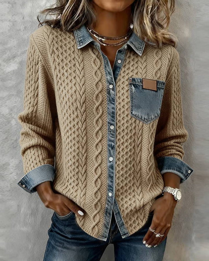 Damen nan geflochtener Strickpullover mit integriertem Jeanskragen und Brusttasche Echo Archiv