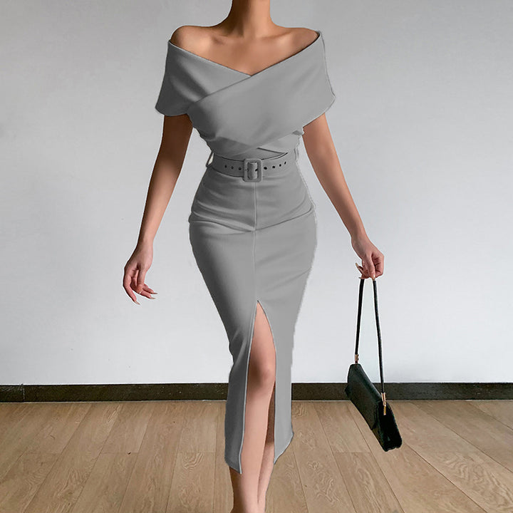Damen Off-Shoulder Maxikleid mit Taillengürtel und seitlichem Schlitz Echo Archiv