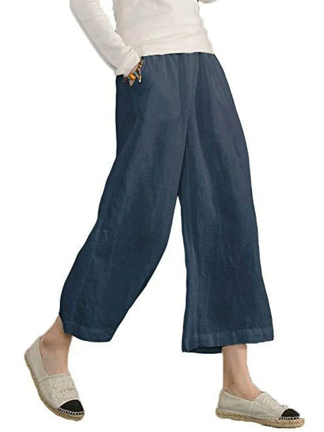 Damen weite Leinenhose mit seitlichen Taschen und elastischem Bund Echoarchiv