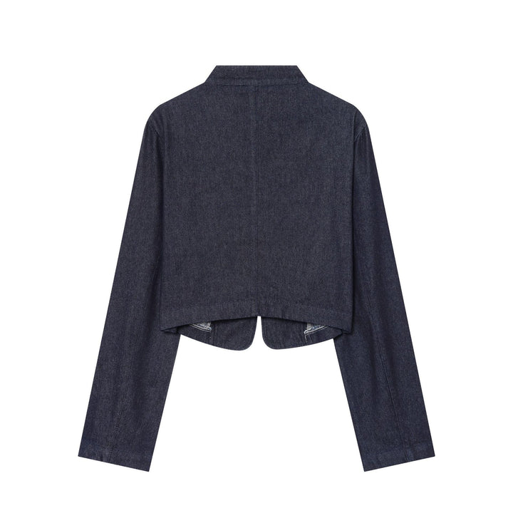 Damen Cropped Denim‑Militärjacke mit Stehkragen und dekorischer Zierknopfleiste Echoarchiv