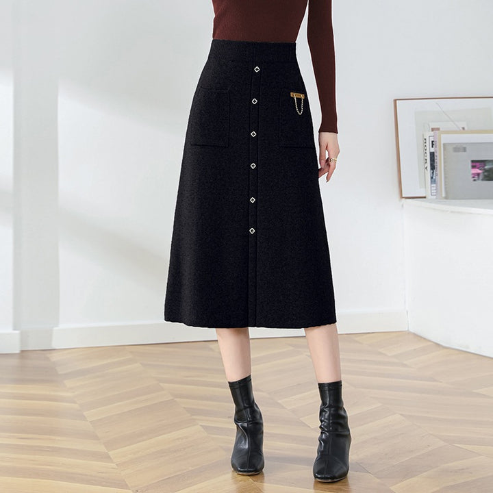 Damen Eleganter, gefütterter Knopf-Midirock Echo Archiv