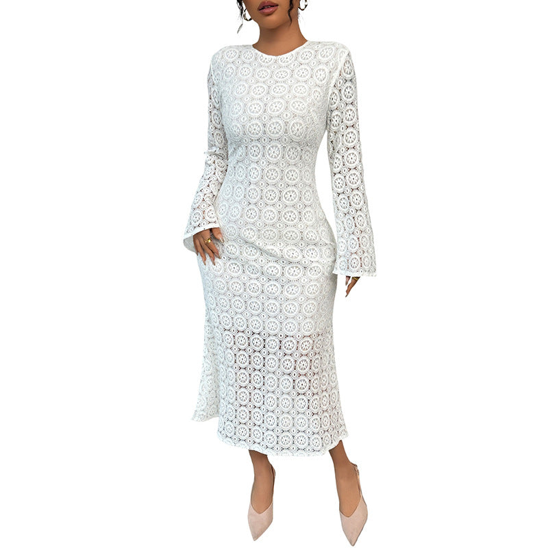 Damen Midikleid aus gehäkelter Spitze mit Trompetenärmeln Echoarchiv