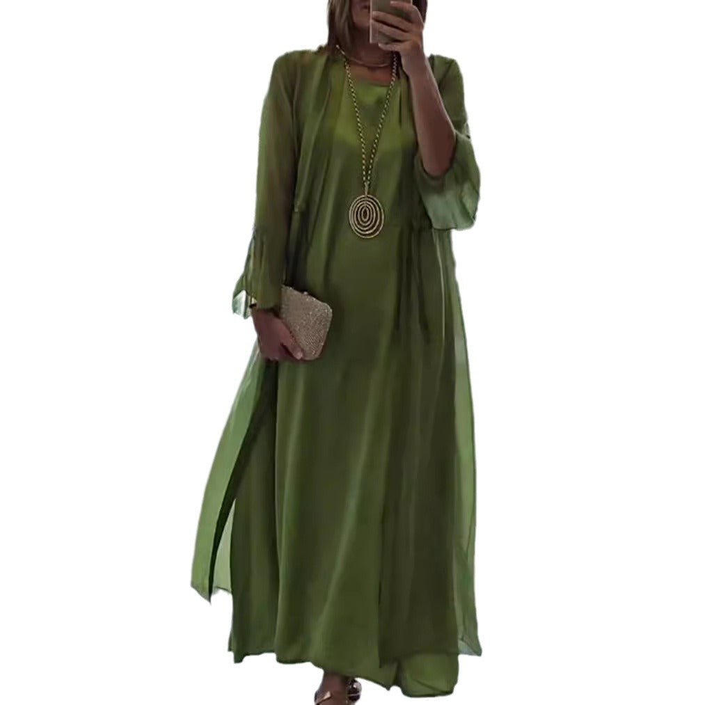 Damen nan elegante Lagen-Abendrobe mit gefüttertem Innenkleid, transparentem Chiffon-Überwurf und taillenverstellbaren Bändern Echo Archiv