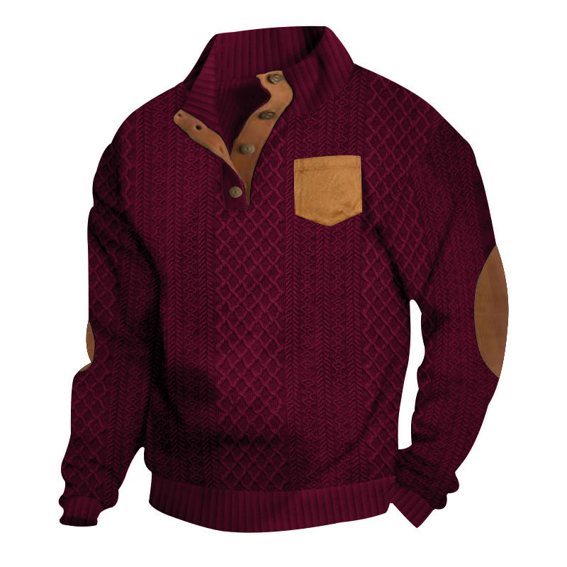 Herren zeitloser Strickpullover mit hochgeschlossenem Kragen und kontrastierenden Lederapplikationen Echoarchiv