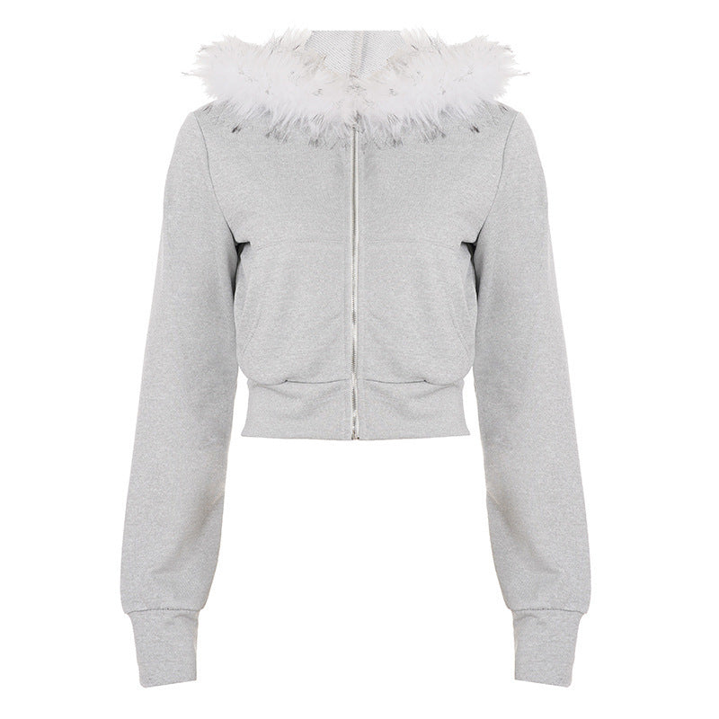 Damen Kurze Kapuzenjacke mit Reißverschluss, tailliertem Cropped-Schnitt und Kunstfellkragen – Célinea
