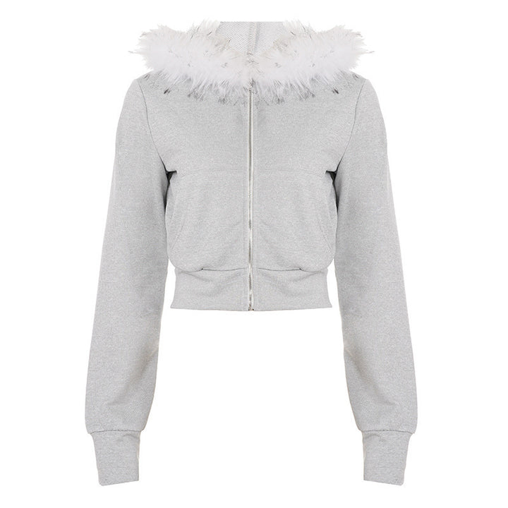 Damen Kurze Kapuzenjacke mit Reißverschluss, tailliertem Cropped-Schnitt und Kunstfellkragen – Célinea