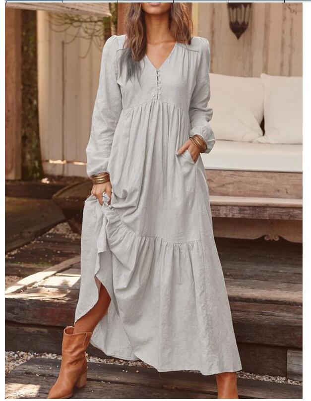 Damen nan luftiges Maxikleid mit V-Ausschnitt, Langarm und Eingrifftaschen Echo Archiv