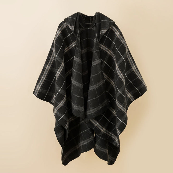 Damen Kapuzen-Poncho mit Karomuster, weichfallender Wollmix und offenem Oversize-Fall Echo Archiv