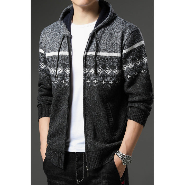 Herren gemusterte Strickjacke mit Kapuze und komfortablem Schnitt Echoarchiv
