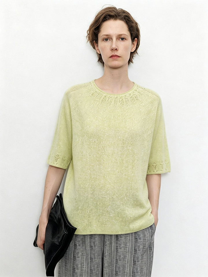 Damen Leichtes Feinstrick-Shirt mit halblangen Ärmeln, Rundhals und feinem Lochmuster Echo Archiv