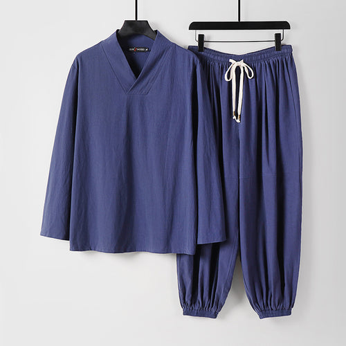 Herren Lockeres Leinen-Loungewear-Set mit V-Ausschnitt elastischem Bund und gerafften Knöcheln Echoarchiv