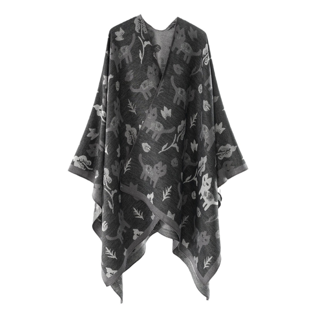 Damen Oversized Ruana im Jacquard mit Katzen- & Blumenmotiv Echo Archiv