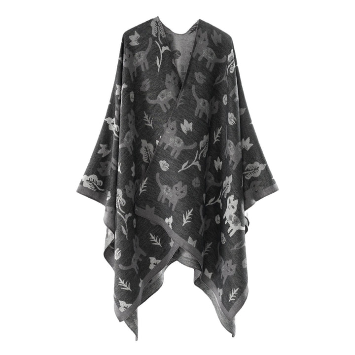 Damen Oversized Ruana im Jacquard mit Katzen- & Blumenmotiv Echo Archiv