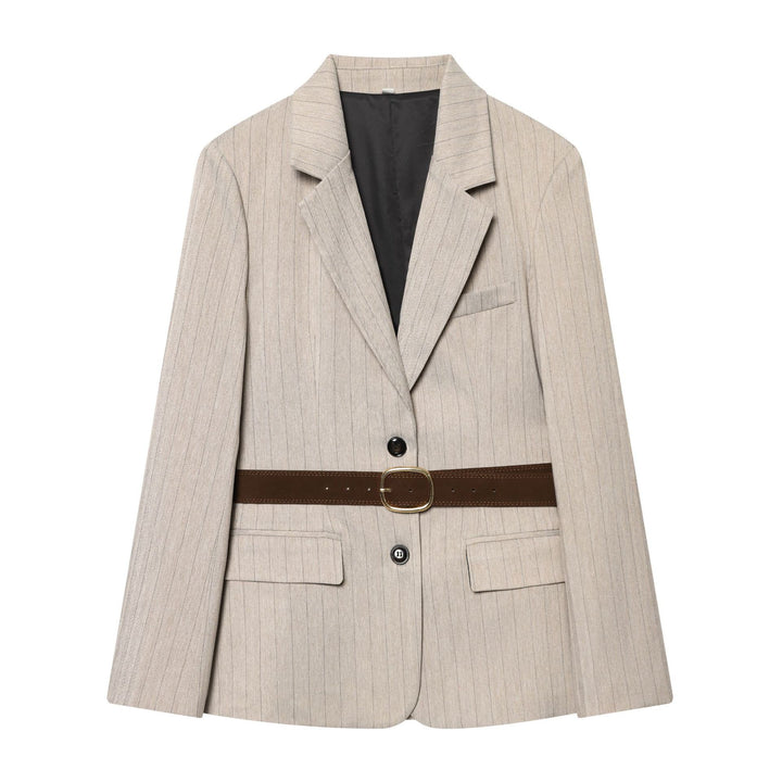 Damen taillierter Nadelstreifen-Blazer mit dekorativem Gürtel und Pattentaschen – Valéne