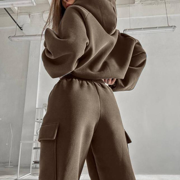 Damen oversized Hoodie mit Kängurutasche und Cargo-Jogginghose Set – Auréline