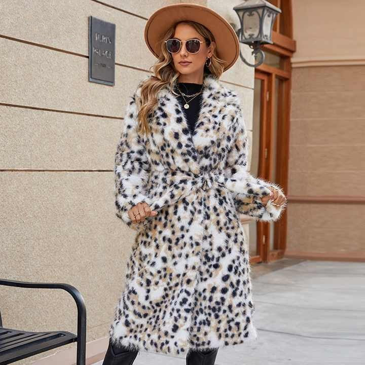 Damen Midi-Kunstpelzmantel mit Leopardenprint, tailliertem Bindegürtel und Schalkragen Echo Archiv