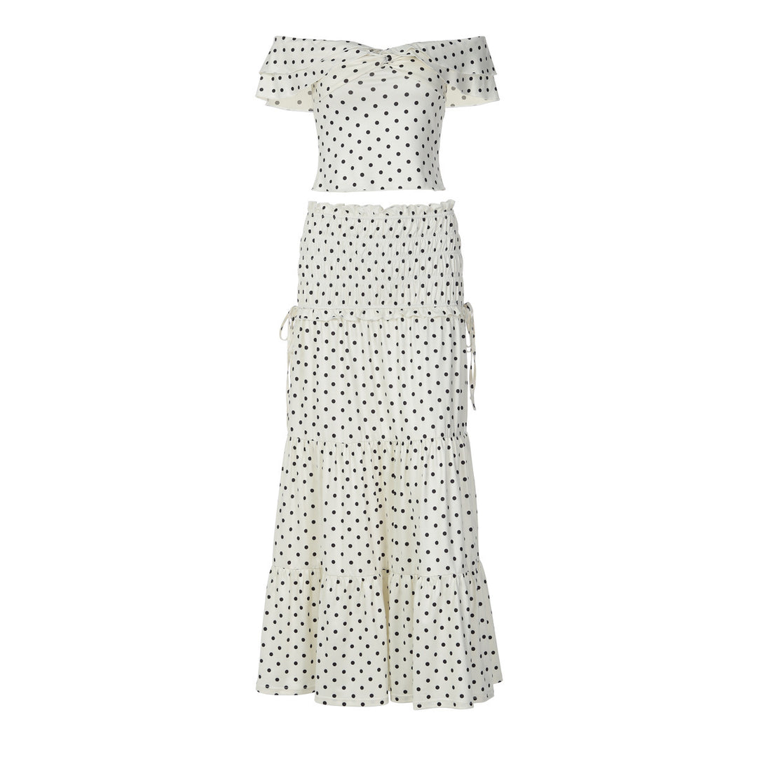 Damen Zweiteiliges Polka-Dots Set mit schulterfreiem Oberteil und schwingendem Rock Echo Archiv