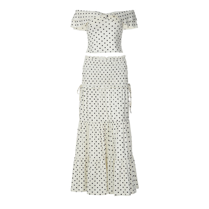 Damen Zweiteiliges Polka-Dots Set mit schulterfreiem Oberteil und schwingendem Rock Echo Archiv