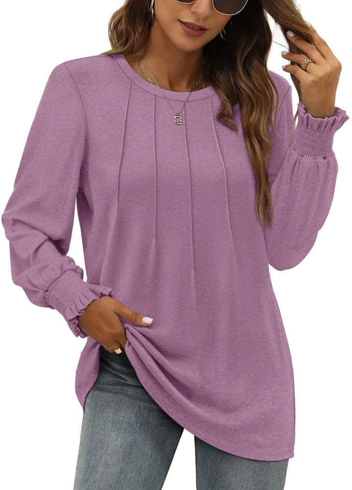 Damen Longsleeve-Tunika mit senkrechten Biesen und gerafften Rüschbündchen – Avérine